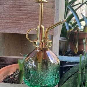 Green Glass Plant Mister with Gold Accents
